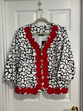 Trenz Women's Lined Black & White Patterned Jacket with Red Floral Poppy Trim 1x